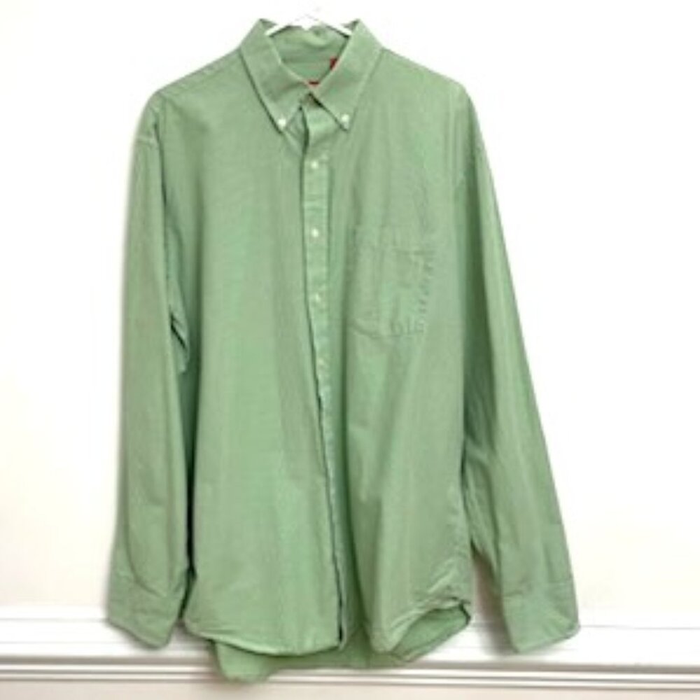 IZOD Men’s Button-Down Shirt Men's Size LT Green & White Plaid Mini Check Cotton